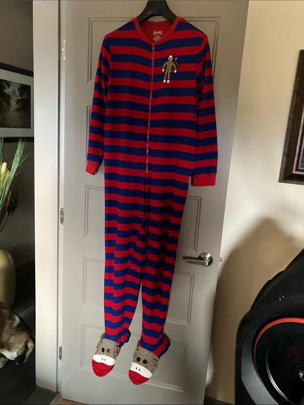 Nick & Nora Red and Blue Striped Kids Footed One-Piece with Sock Monkey Details